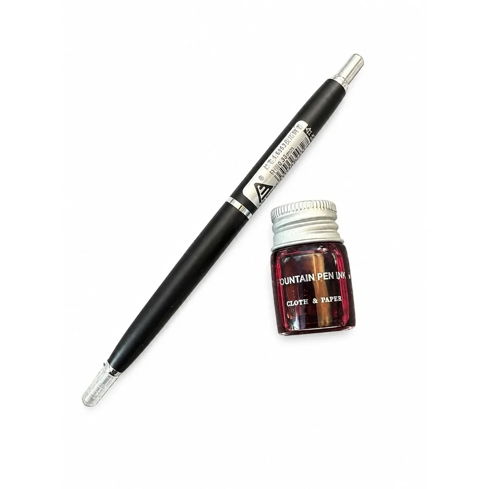 Retractable Fountain Pen 0.38mm Black Cloth & Paper Ink Set